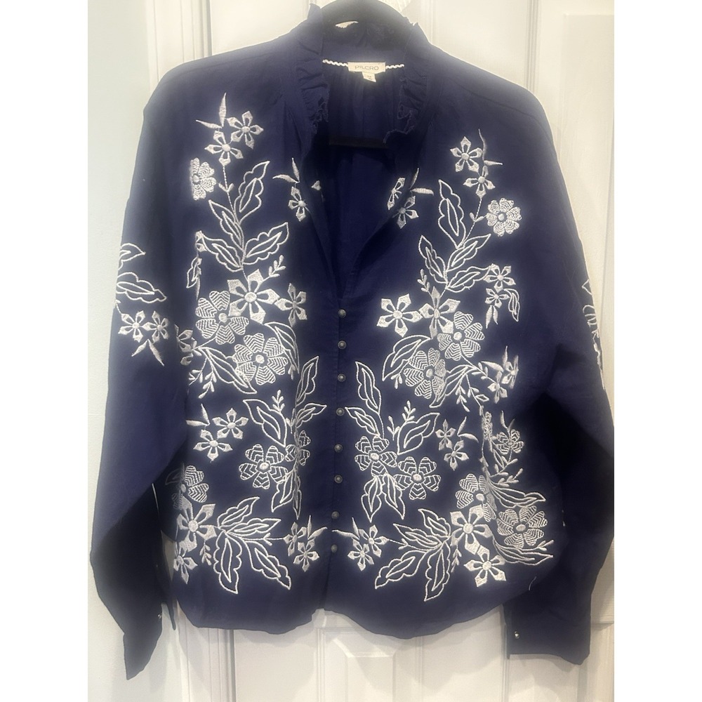 Pilcro Anthropologie Tavi Floral Embroidered Linen Blend Button Blouse XLp